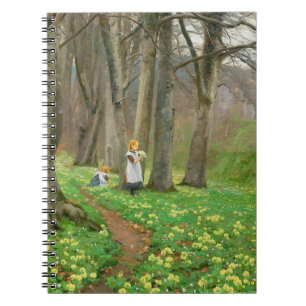 Two girls picking flowers in spring forest notebook