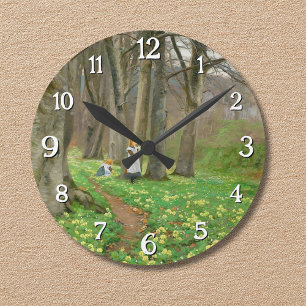Two girls picking flowers in spring forest round clock