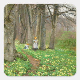 Two girls picking flowers in spring forest square sticker