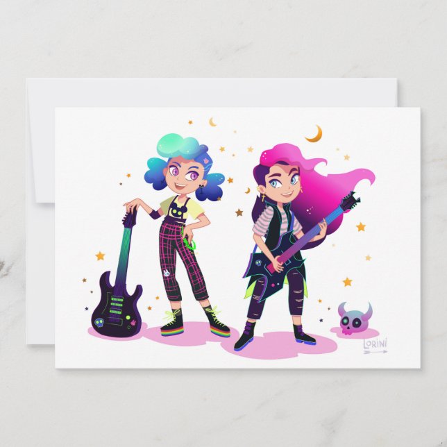 Two girls play rock guitar together card (Front)