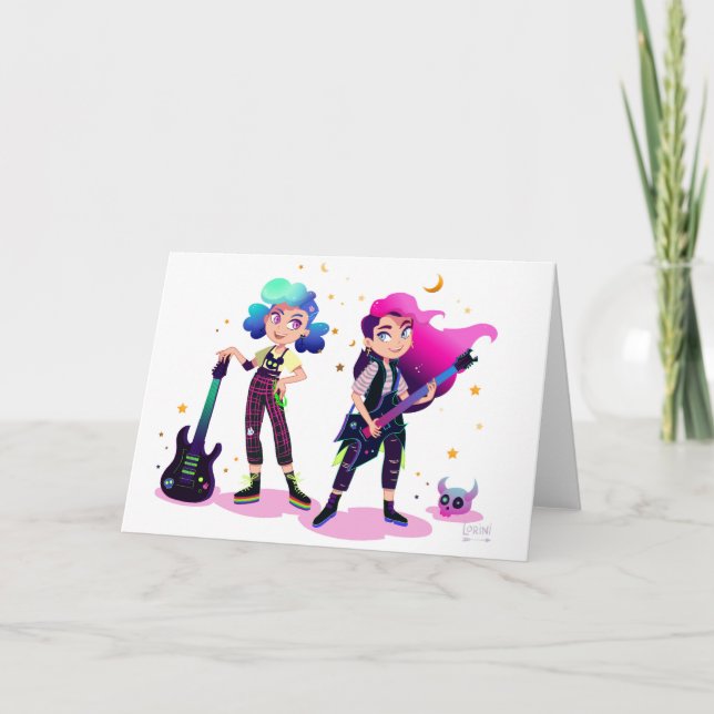 Two girls play rock guitar together card (Front)
