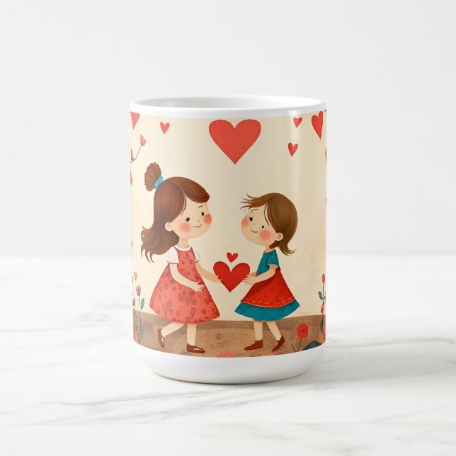 Two Girls Sharing a Heart in a Flower Meadow Coffee Mug (Center)