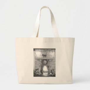 Two girls sitting by a fireplace at Christmas Large Tote Bag