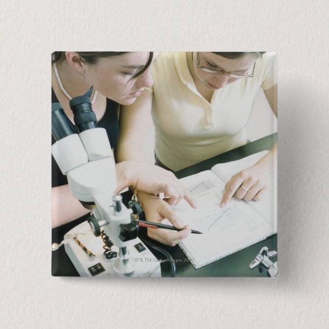Two Girls with Microscope 15 Cm Square Badge (Front)