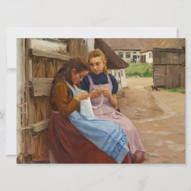 Two Girls With Needlework Sitting in a Farmyard Card (Front)