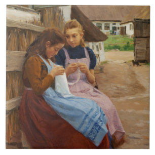 Two Girls With Needlework Sitting in a Farmyard Ceramic Tile