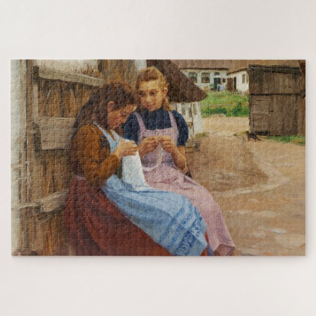 Two Girls With Needlework Sitting in a Farmyard Jigsaw Puzzle (Horizontal)