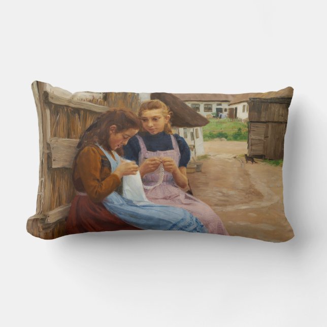 Two Girls With Needlework Sitting in a Farmyard Lumbar Cushion (Front)