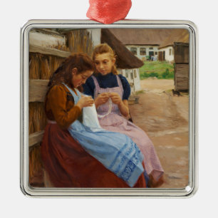 Two Girls With Needlework Sitting in a Farmyard Metal Ornament