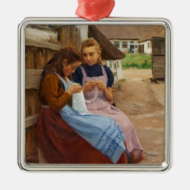 Two Girls With Needlework Sitting in a Farmyard Metal Ornament (Front)