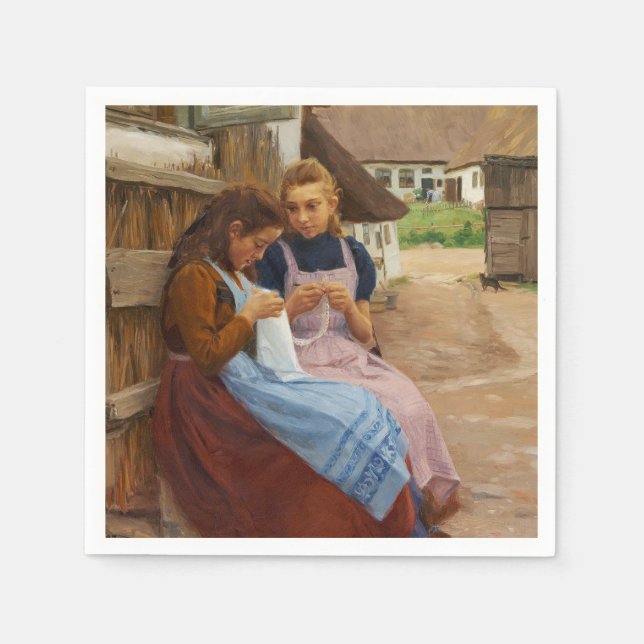 Two Girls With Needlework Sitting in a Farmyard Napkin (Front)