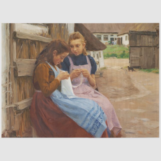 Two Girls With Needlework Sitting in a Farmyard Tissue Paper (Front)