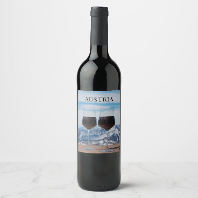 Two glasses of red wine against mountains label (Front)