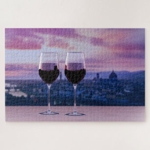 Two glasses of red wine on Florence skyline Jigsaw Puzzle