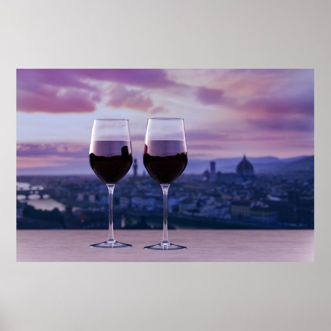 Two glasses of red wine on Florence skyline Poster (Front)