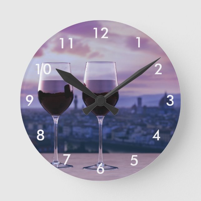 Two glasses of red wine on Florence skyline Round Clock (Front)