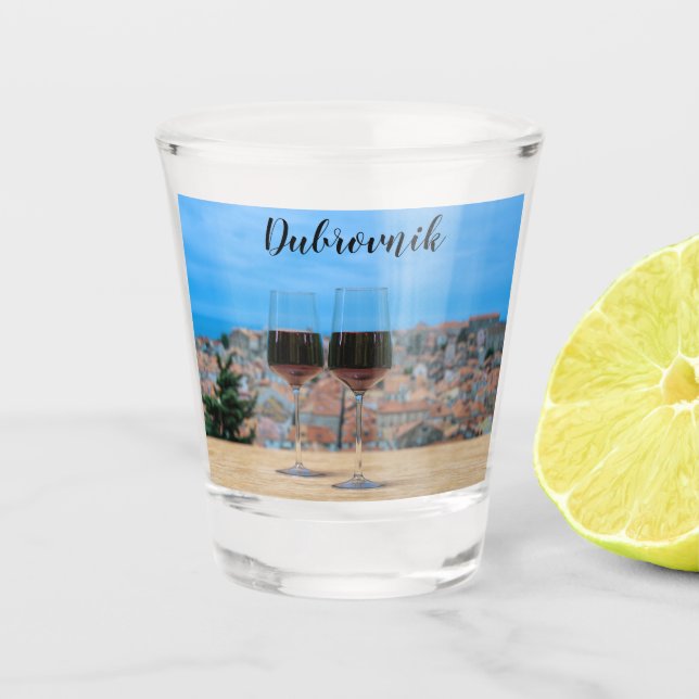 Two glasses of red wine with view of Dubrovnik (Front)