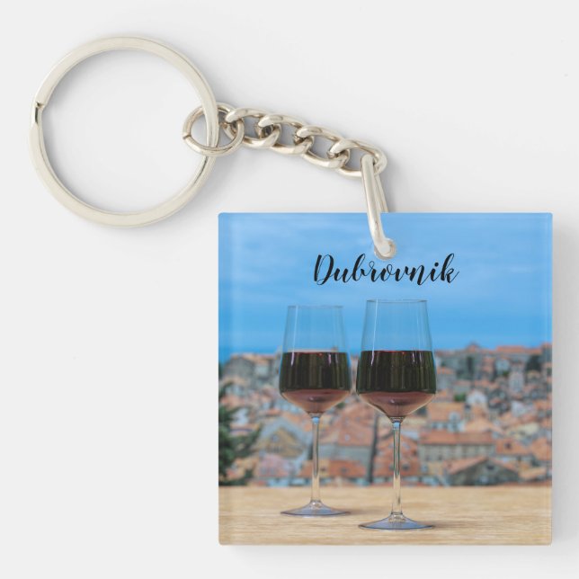 Two glasses of red wine with view of Dubrovnik Key Ring (Front)