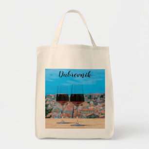 Two glasses of red wine with view of Dubrovnik Tote Bag