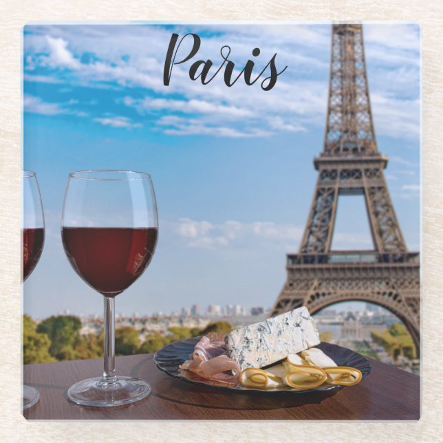 Two glasses of wine in cafe in Paris Glass Coaster (Front)