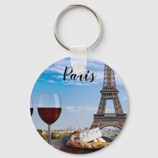 Two glasses of wine in cafe in Paris Key Ring (Front)
