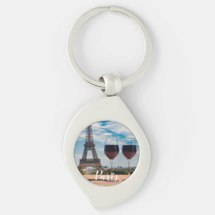 Two glasses of wine with Eiffel tower Key Ring