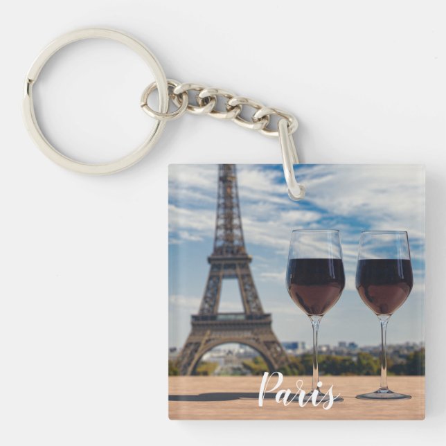 Two glasses of wine with Eiffel tower Key Ring (Front)