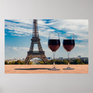 Two glasses of wine with Eiffel tower Poster