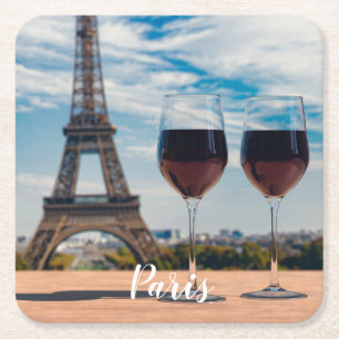 Two glasses of wine with Eiffel tower Square Paper Coaster