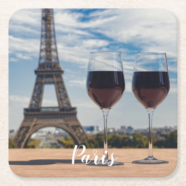 Two glasses of wine with Eiffel tower Square Paper Coaster (Front)