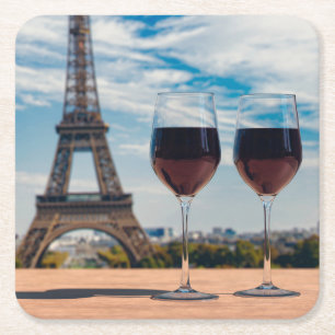 Two glasses of wine with Eiffel tower Square Paper Coaster