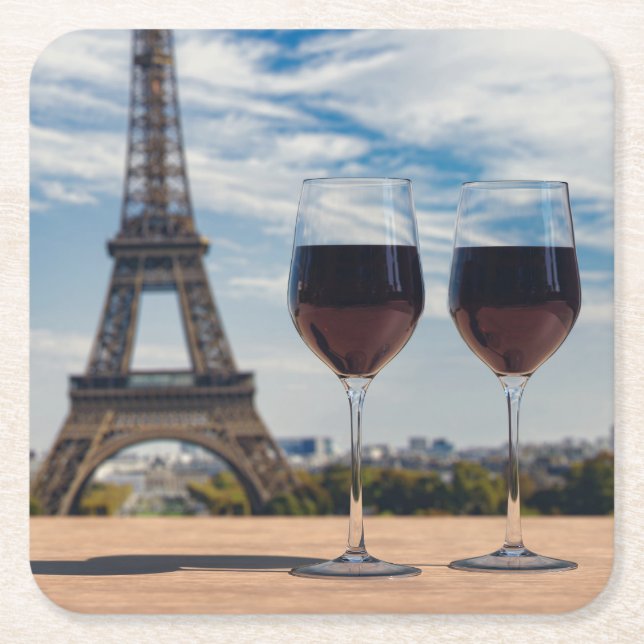 Two glasses of wine with Eiffel tower Square Paper Coaster (Front)