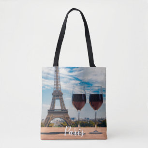 Two glasses of wine with Eiffel tower Tote Bag