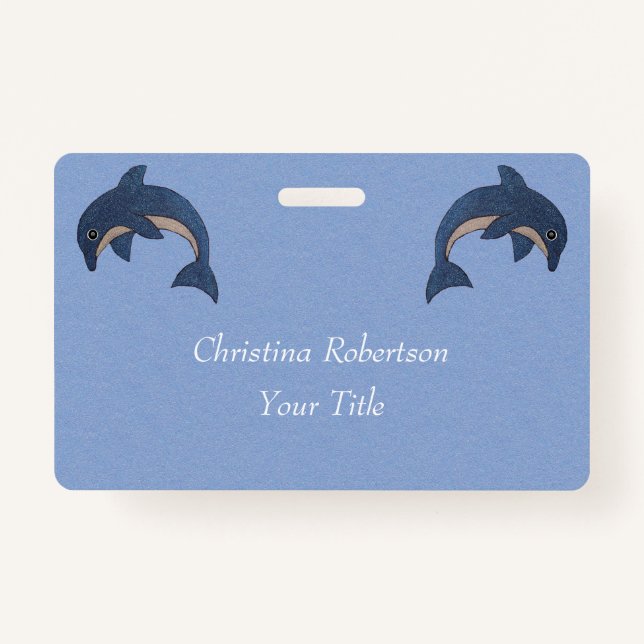 Two Glittery Jumping Dolphins Dark Blue White ID Badge (Front)
