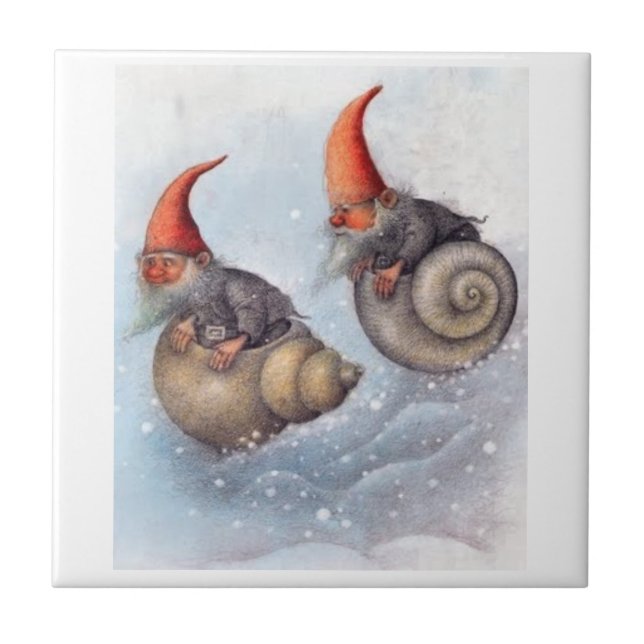 TWO GNOMES SNOWBOARDING ON SNAIL SHELLS CERAMIC TILE (Front)