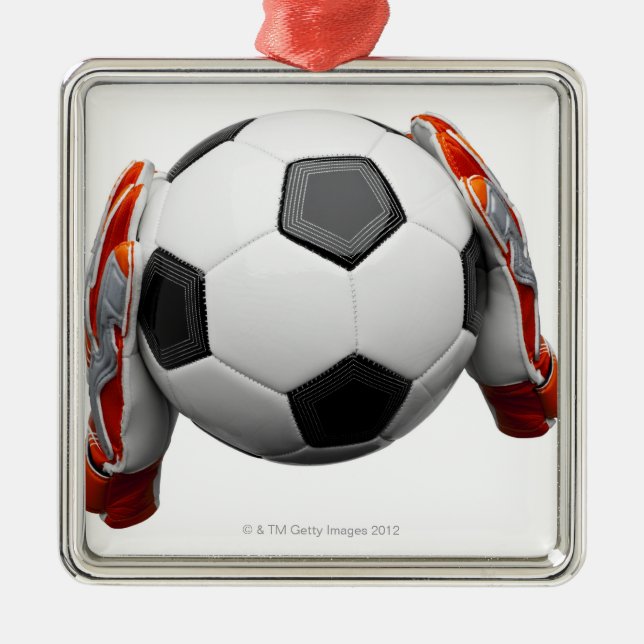 Two goal keepers gloves holding a football metal ornament (Front)