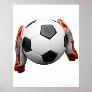 Two goal keepers gloves holding a football poster