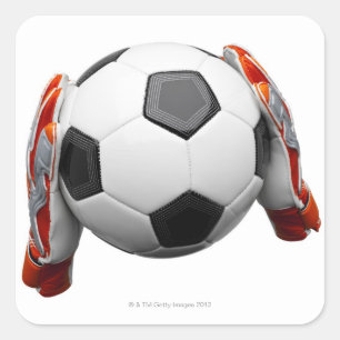Two goal keepers gloves holding a football square sticker