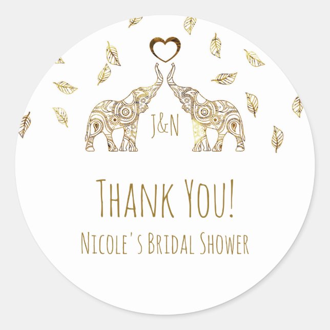 Two Gold Elephants & Fall Leaves Wedding Favour Classic Round Sticker (Front)