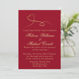 Two Gold Hearts   Carmine Red Wedding Invitation