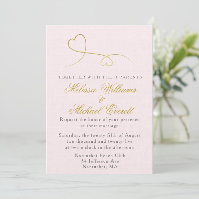 Two Gold Hearts | Minimal Pink Wedding Invitation (Standing Front)