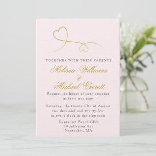 Two Gold Hearts   Minimal Pink Wedding Invitation