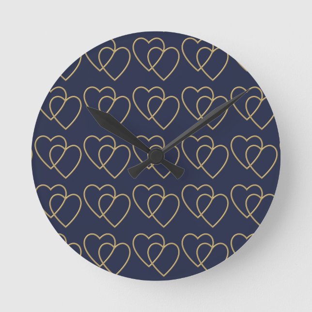 Two golden loving hearts pattern round clock (Front)