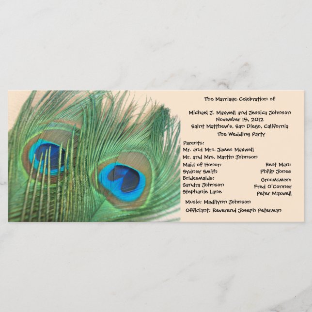 Two Golden Peacock Feathers Wedding Program (Front)