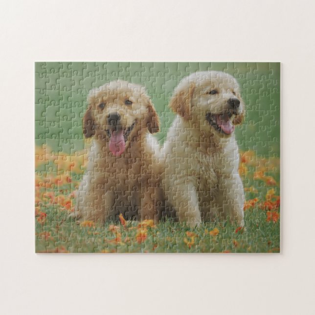 Two Golden Retriever Puppies in Flowers Jigsaw Puzzle (Horizontal)