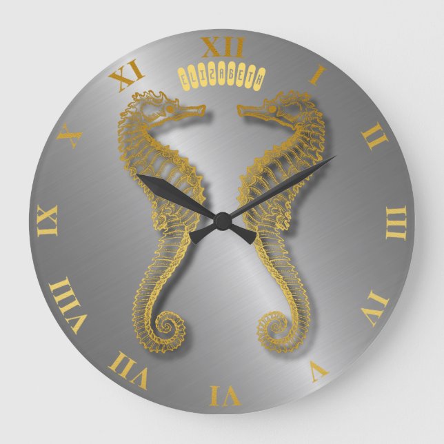 Two Golden Seahorse Silhouettes 3d With Shadows Large Clock (Front)