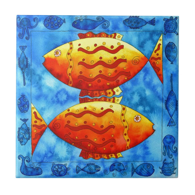 Two Goldfish Watercolour Sea Life Underwater Ceramic Tile (Front)