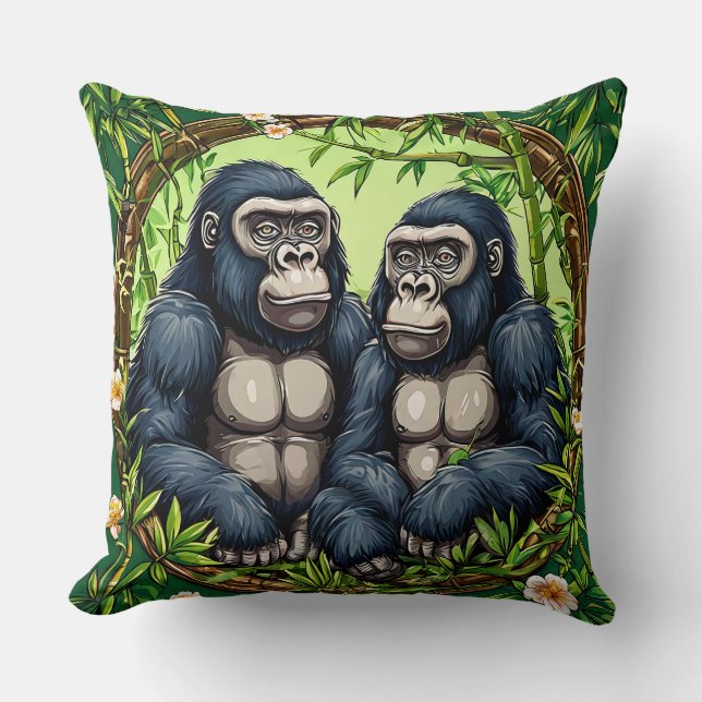 Two Gorillas in a Tropical Bamboo Frame Cushion (Front)