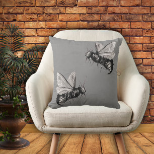 Two Gothic Black White Bee Illustrations Grey Cushion