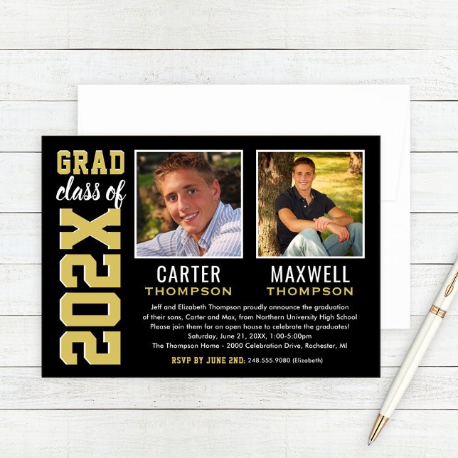 Two Graduate Photo Party Black Gold Invitation (Creator Uploaded)